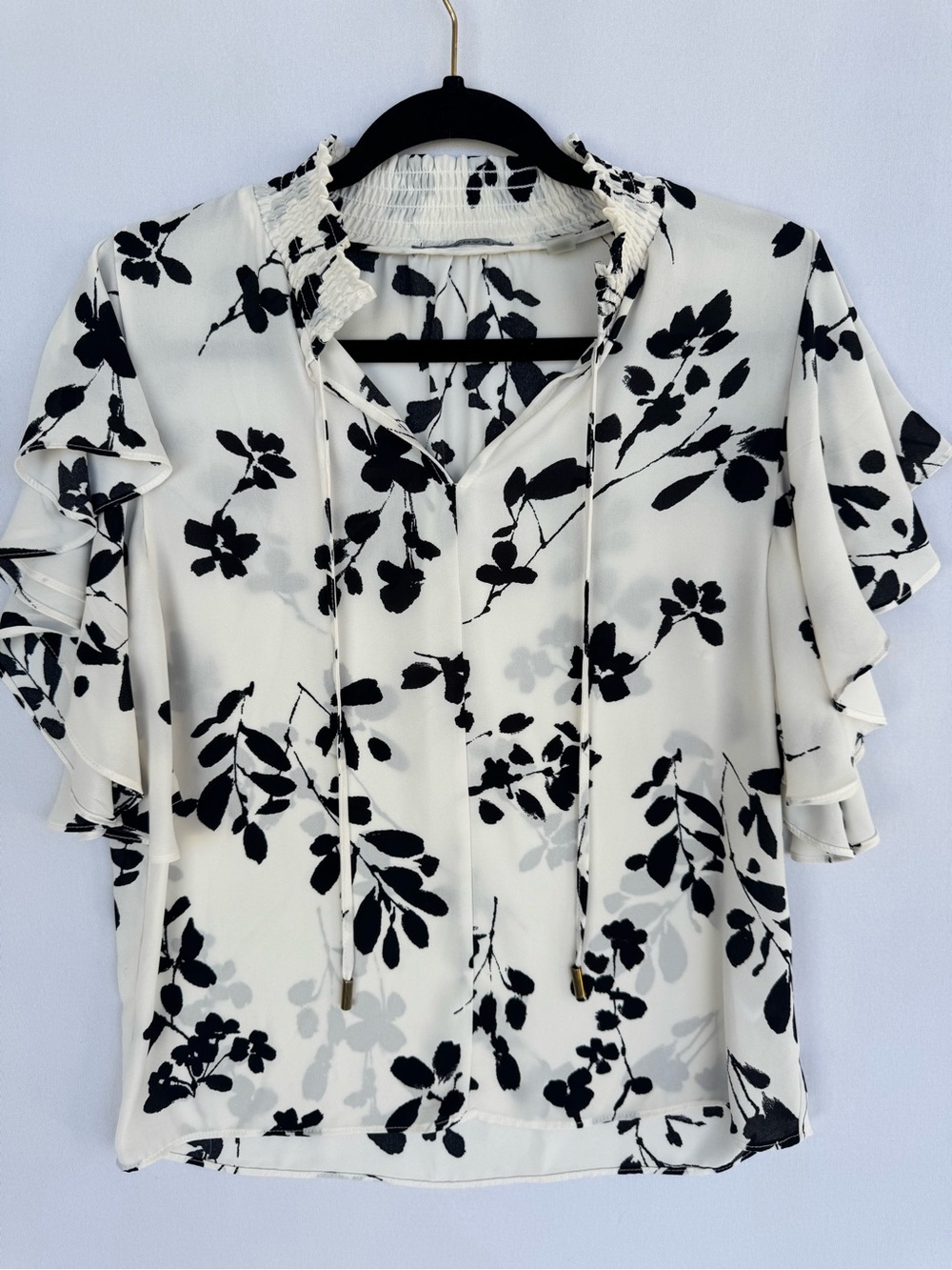 T Tahari Black and Ivory Floral Tie-Neck Ruffle Blouse